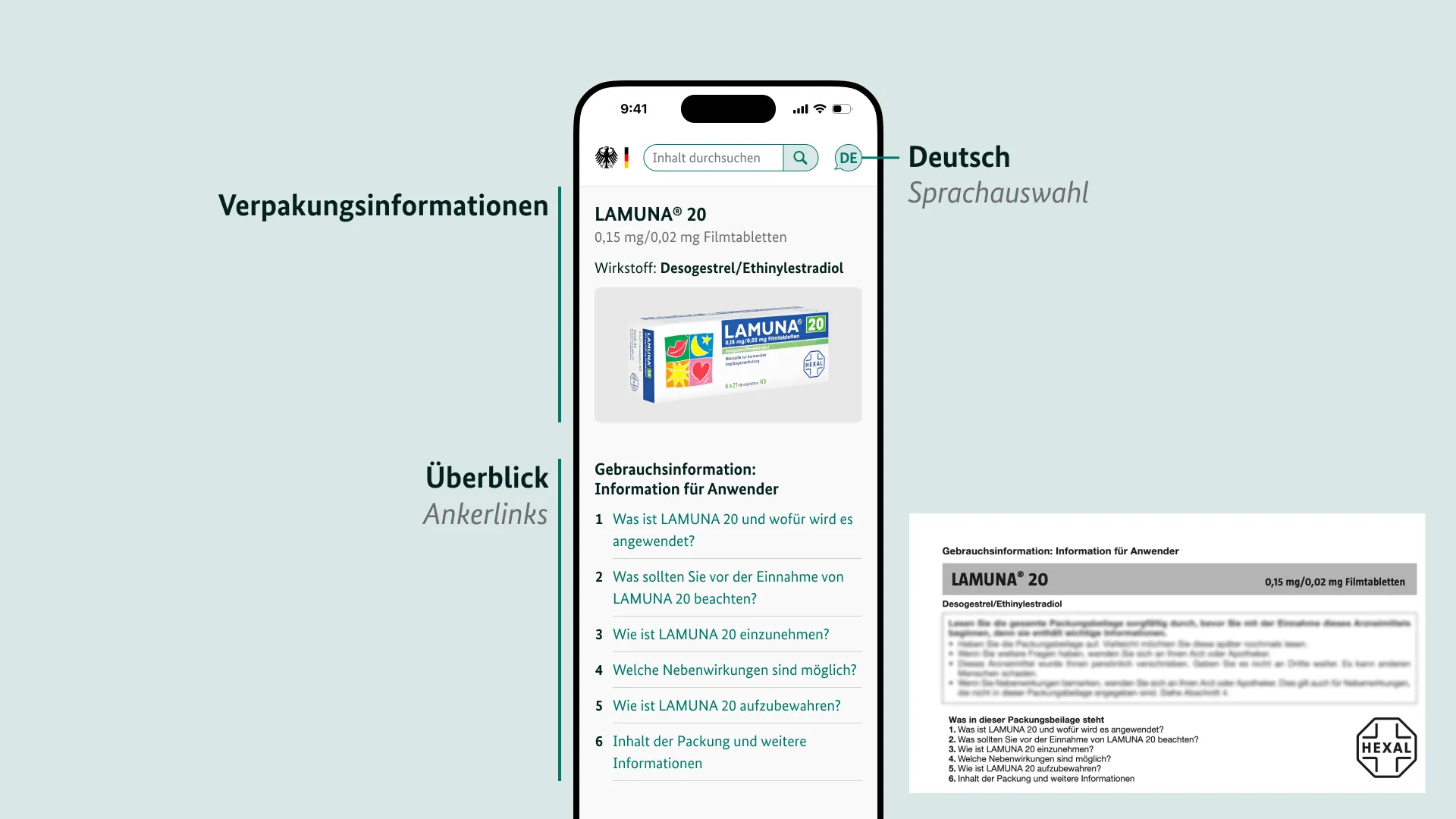 Abschnitte in der digitalen Packungsbeilage