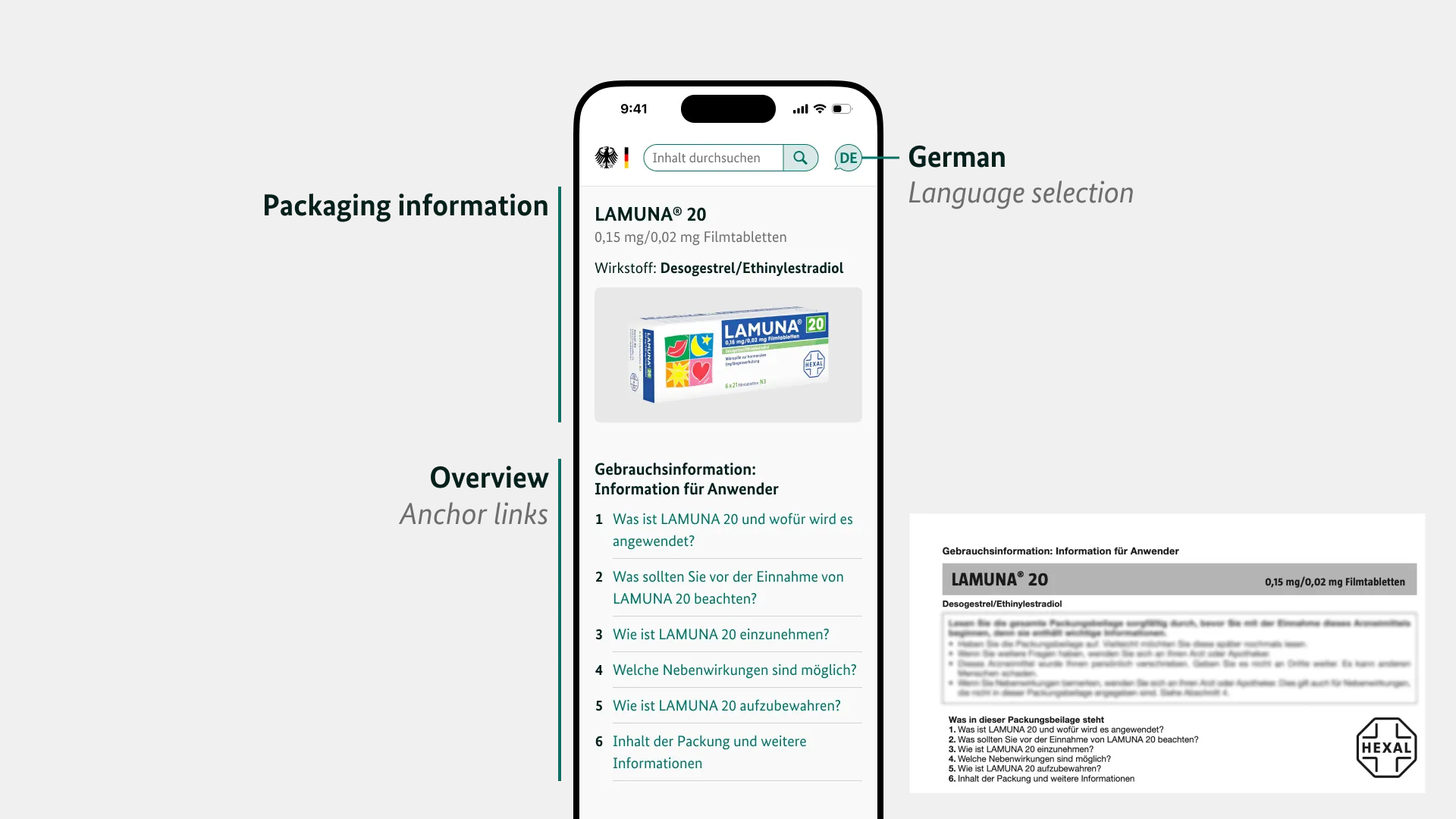 Sections in the digital package leaflet