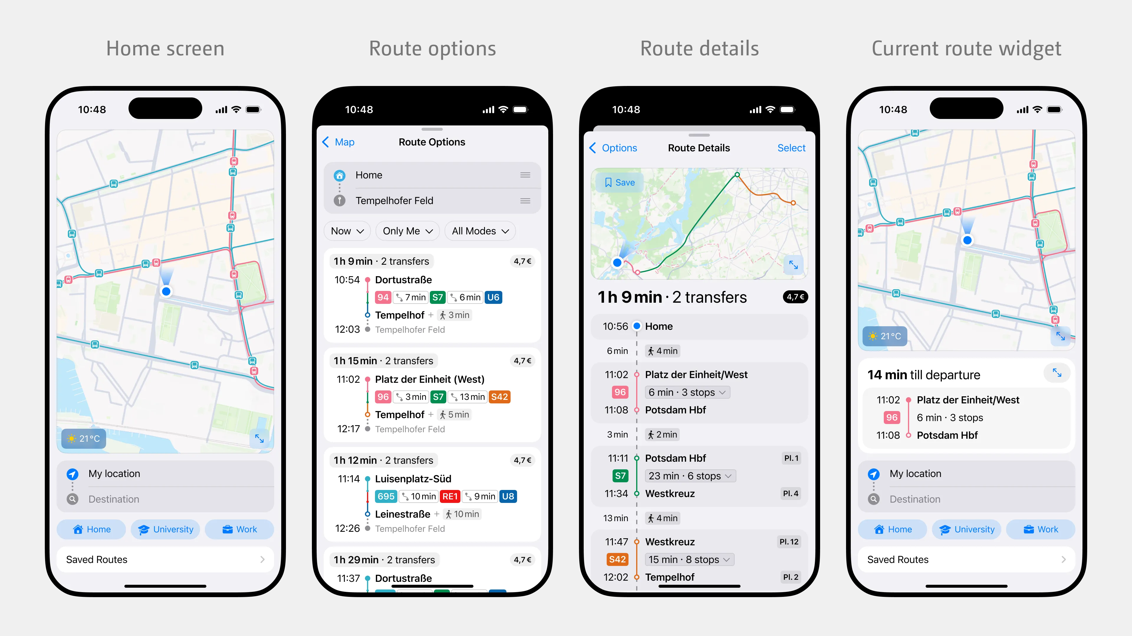 Four screen showcasing: the home screen, route options, selected route, minimized route