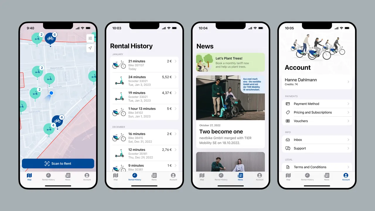 Übersicht von Map, Rental History, News und Account